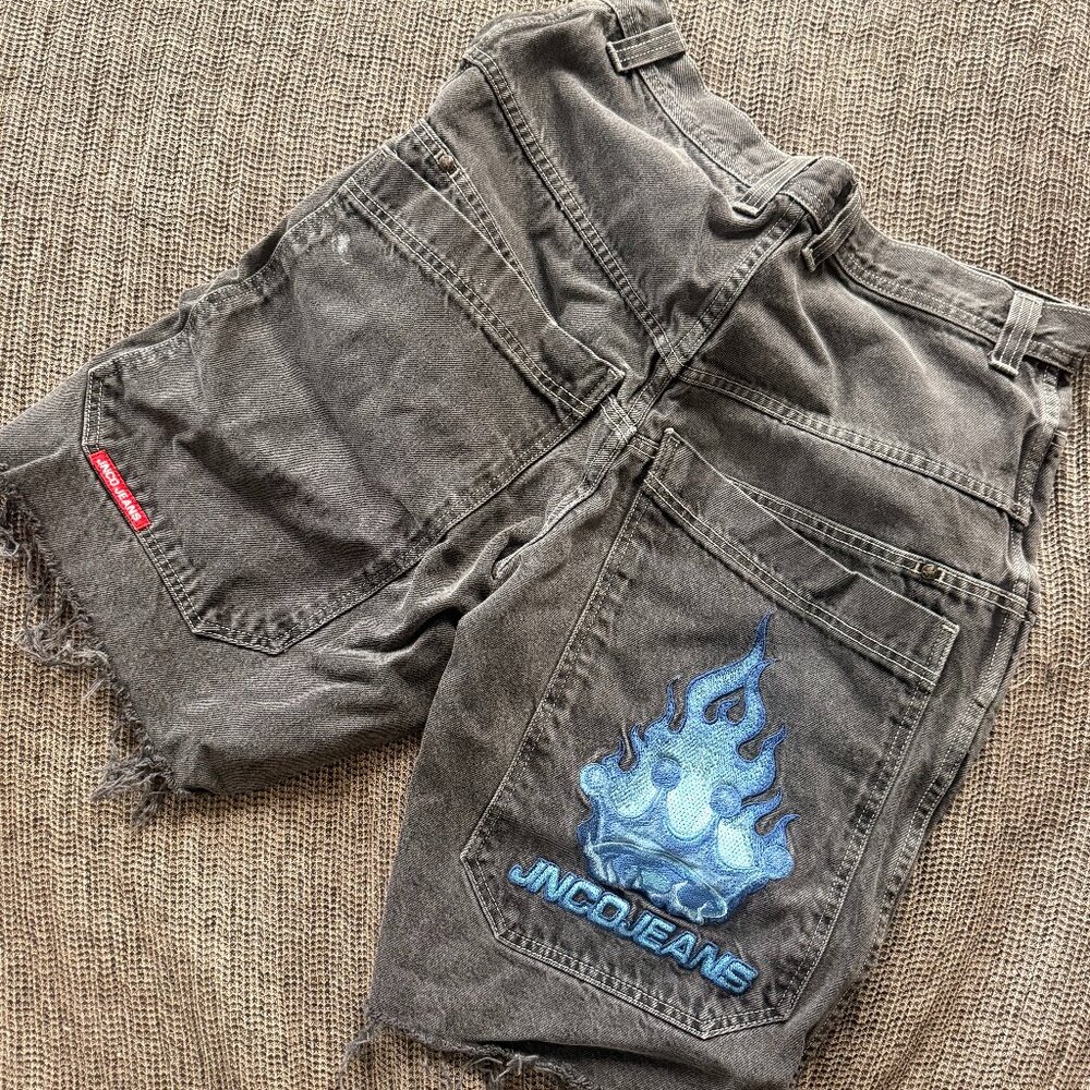 Vintage 90s Y2K JNCO Jeans long shorts with blue crown and flames